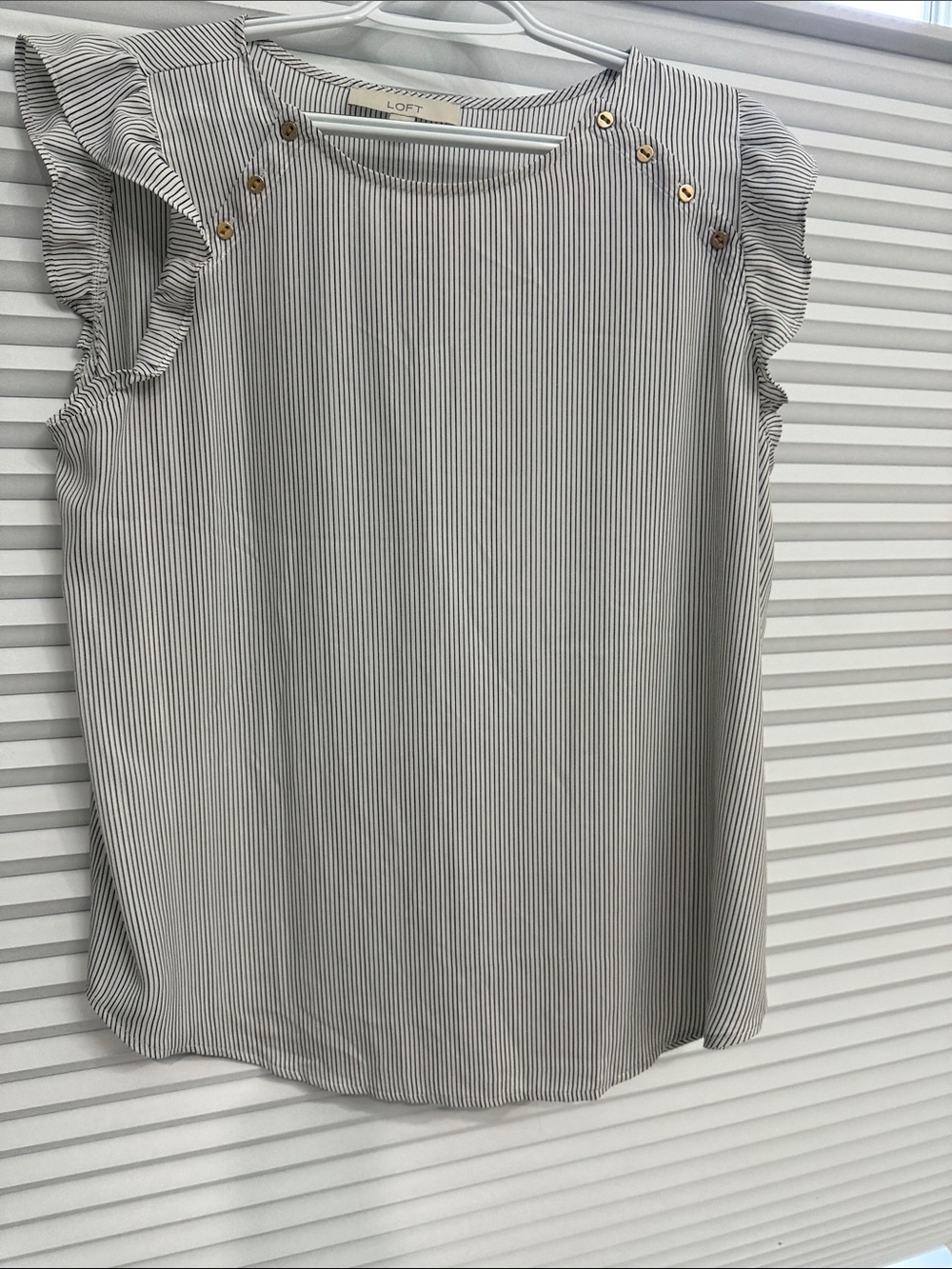 LOFT Black & White Striped Ruffle Sleeve Shell